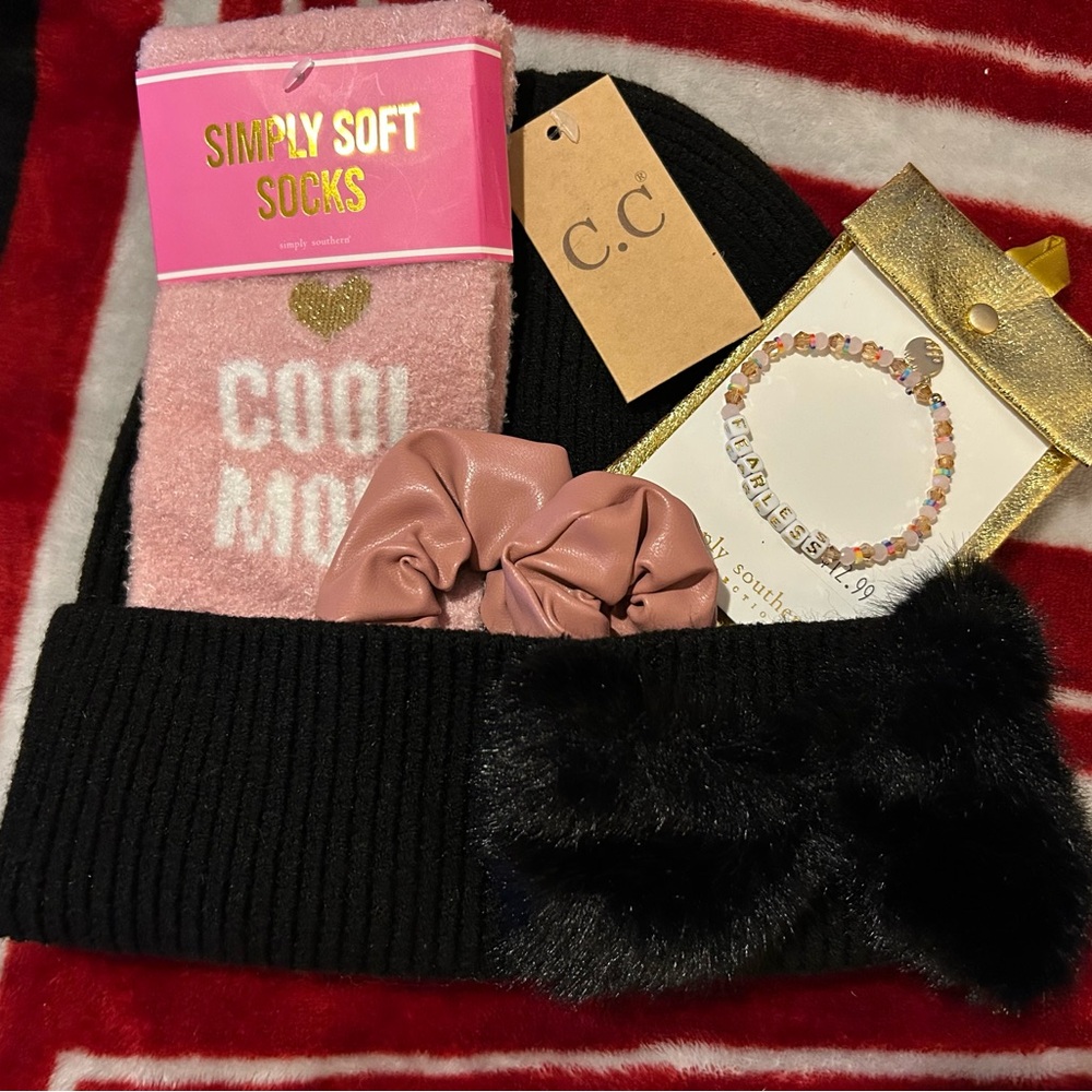 C.C. Boutique Black Beanie and Pink Accessories Set